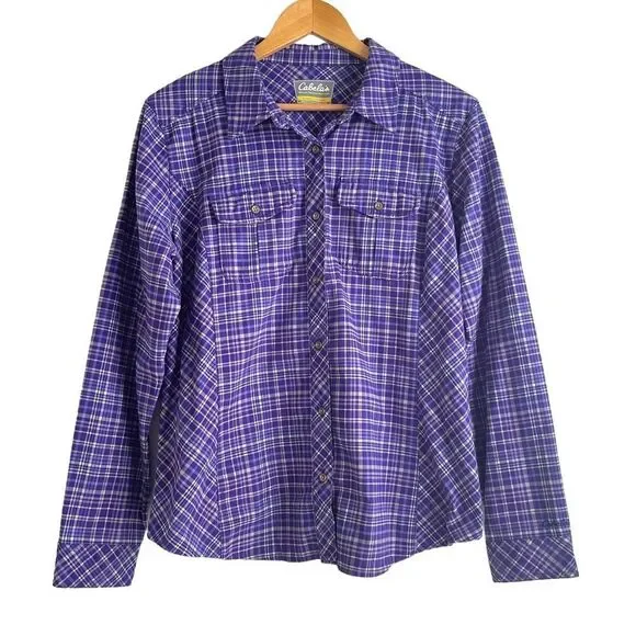 Cabela's Women's Purple and White Checkered Heavier Weight Flannel Shirt - Picture 1 of 5